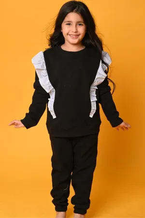 BLACK PINSTRIPE FLEECE SWEATSHIRT JOGGER SET - BLACK