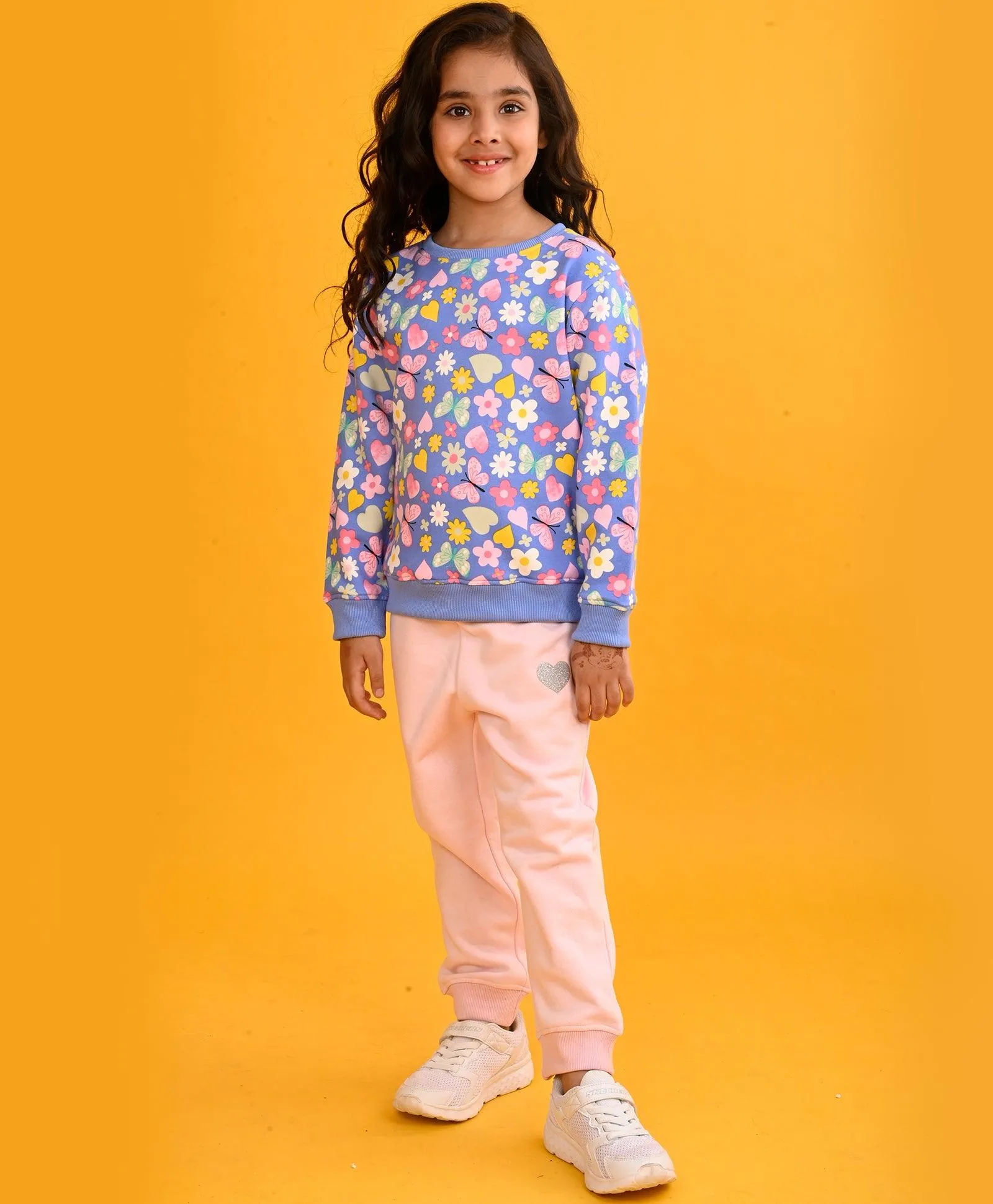 BLUE HEART FLOWERS GIRLS SWEATSHIRT PINK HEART FLEECE JOGGER SET - BLUE/PINK