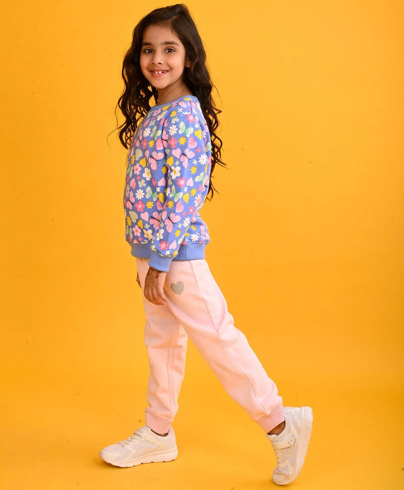 BLUE HEART FLOWERS GIRLS SWEATSHIRT PINK HEART FLEECE JOGGER SET - BLUE/PINK