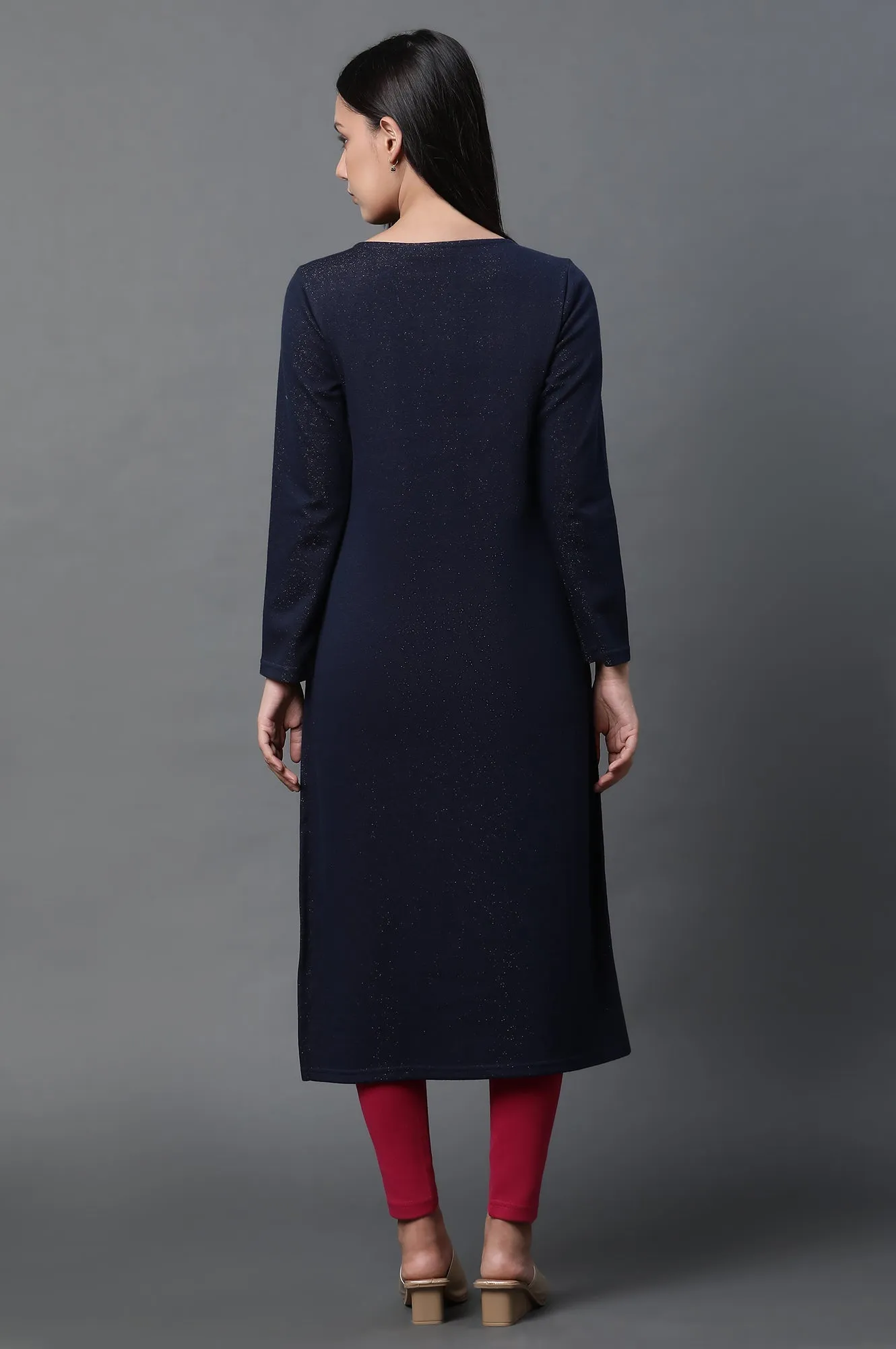 Blue Warm Jacquard Winter Kurta and Tights Set