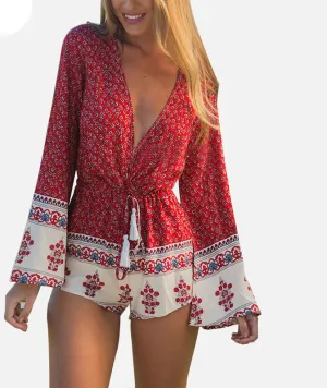 Boho Printed Women Jumpsuit Sexy V-Neck Romper Long Sleeve Bodysuit Tie Waist Rompers XXXL Overalls Beach Wear