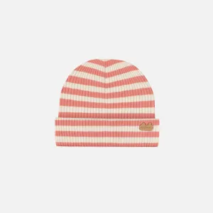 Bonnet à rayures orange et crème en tricot côtelé extensible, naissance || Orange and cream striped hat in rib knit, newborn