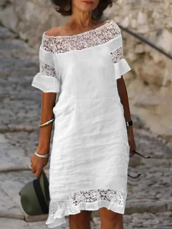 Casual cotton corduroy dress with three-quarter sleeves and lace