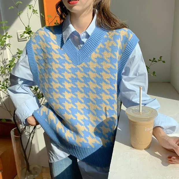 Casual Houndstooth Pattern Knitted Vest Sweater