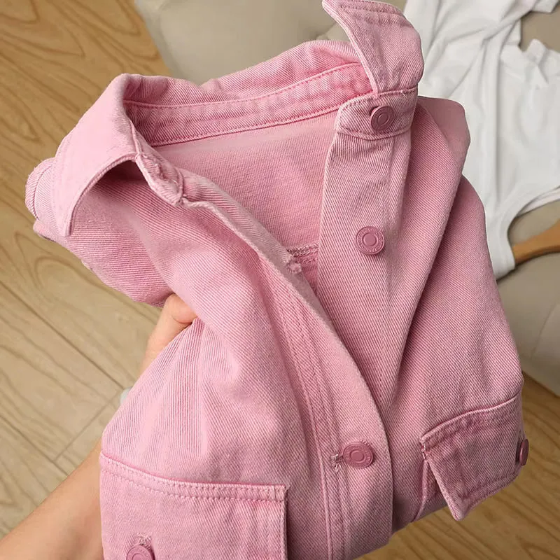 Casual Pink Color Denim Jeans Jacket