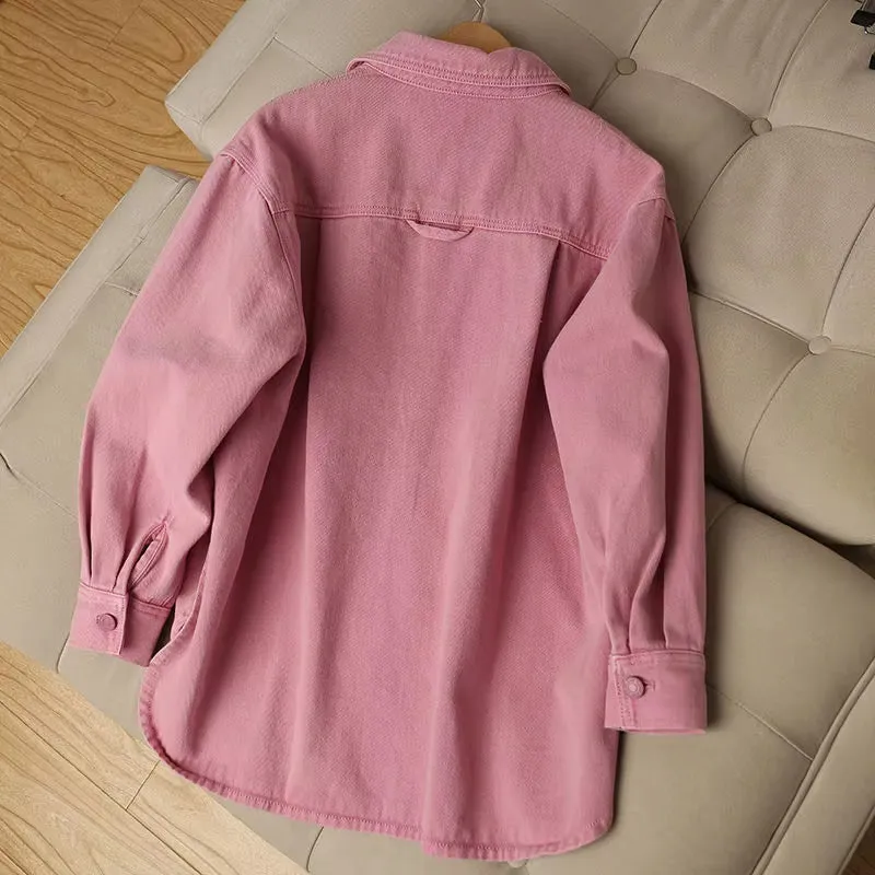 Casual Pink Color Denim Jeans Jacket