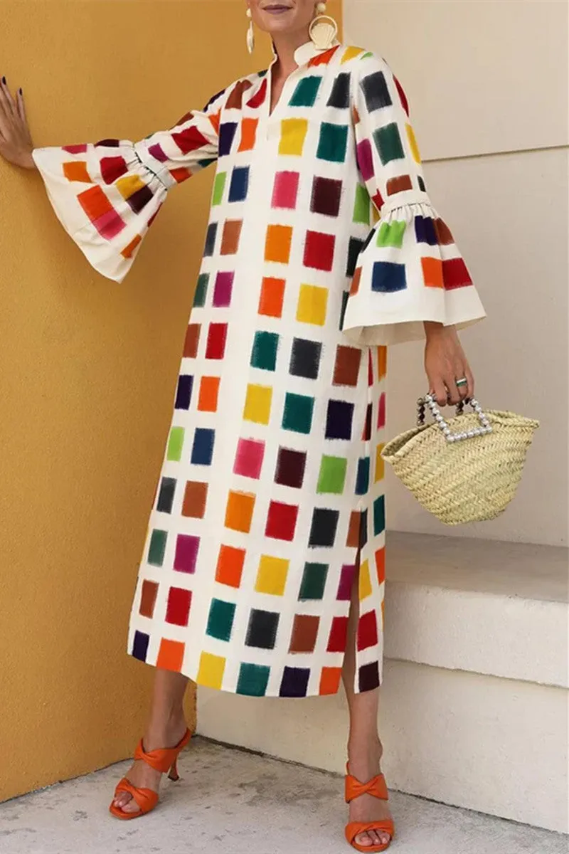Casual Print Patchwork Slit V Neck Long Sleeve Dresses