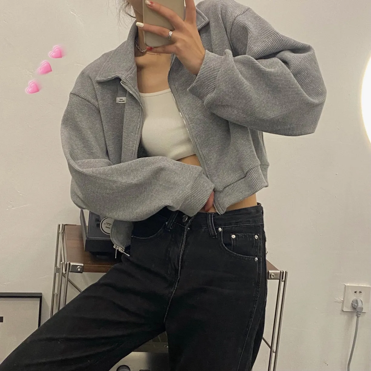 Casual Shirt Collar Cropped Zipper Sweater