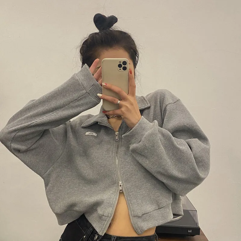 Casual Shirt Collar Cropped Zipper Sweater