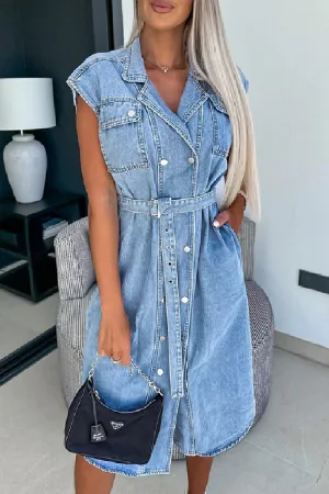 Casual Solid Patchwork With Belt Turndown Collar Sleeveless Regular Denim Dresses(3 Colors)