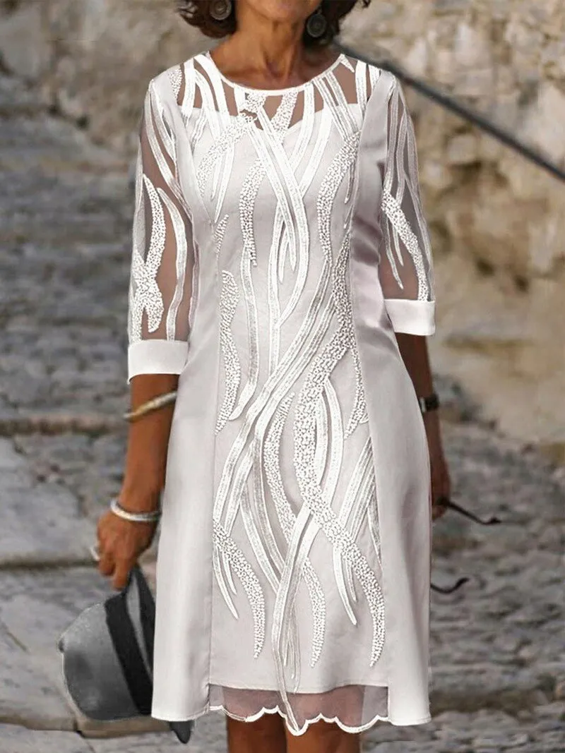 CityHottie - Fashion Trends Embroidered Dress Half Sleeve Casual Dress Sexy See-through Patchwork Lace Party Dress Women Fashion O Neck Loose Pullover Dress