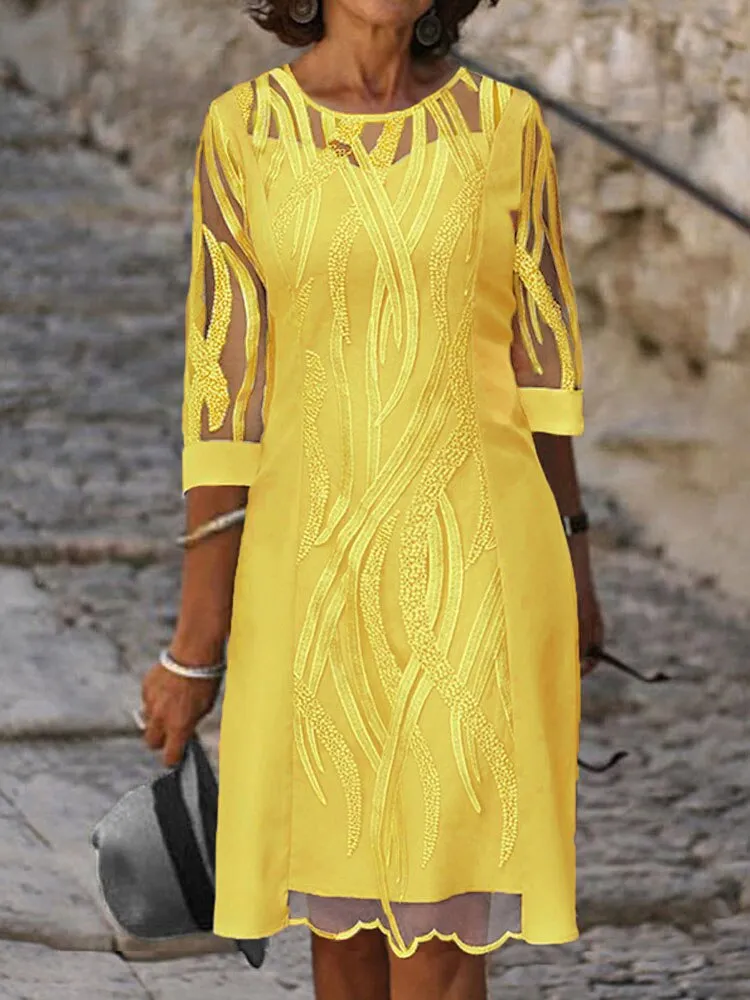 CityHottie - Fashion Trends Embroidered Dress Half Sleeve Casual Dress Sexy See-through Patchwork Lace Party Dress Women Fashion O Neck Loose Pullover Dress