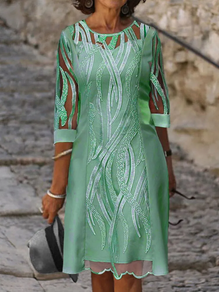 CityHottie - Fashion Trends Embroidered Dress Half Sleeve Casual Dress Sexy See-through Patchwork Lace Party Dress Women Fashion O Neck Loose Pullover Dress