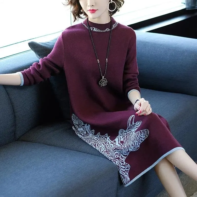 CityHottie - Trends high quality New Year Women's Autumn/Winter Long Sleeve Knitted Wool Dress Loose High Collar Knee-Length Dress Slim Casual Dress Party Dress