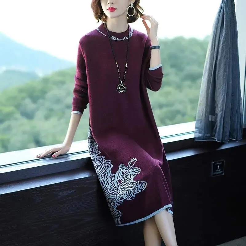 CityHottie - Trends high quality New Year Women's Autumn/Winter Long Sleeve Knitted Wool Dress Loose High Collar Knee-Length Dress Slim Casual Dress Party Dress