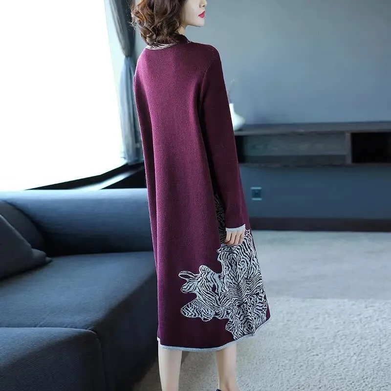 CityHottie - Trends high quality New Year Women's Autumn/Winter Long Sleeve Knitted Wool Dress Loose High Collar Knee-Length Dress Slim Casual Dress Party Dress