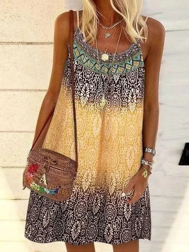 CityHottie - Women's Casual Dress Chiffon Dress Sundress Mini Dress Yellow Pink Blue Sleeveless Geometric Print Summer Spring Cold Shoulder Basic 2024 S M L XL 2XL 3XL 4XL 5XL