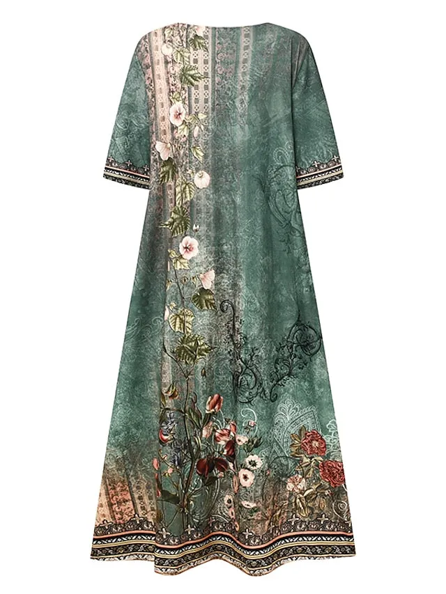 CityHottie - Women's Casual Dress Shift Dress Midi Dress Navy Blue Blue Orange Half Sleeve Floral Ruched Summer Spring V Neck Vintage Christmas Vacation 2024 S M L XL XXL 3XL