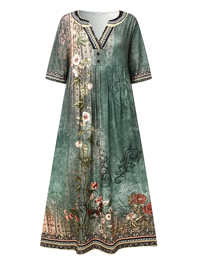 CityHottie - Women's Casual Dress Shift Dress Midi Dress Navy Blue Blue Orange Half Sleeve Floral Ruched Summer Spring V Neck Vintage Christmas Vacation 2024 S M L XL XXL 3XL
