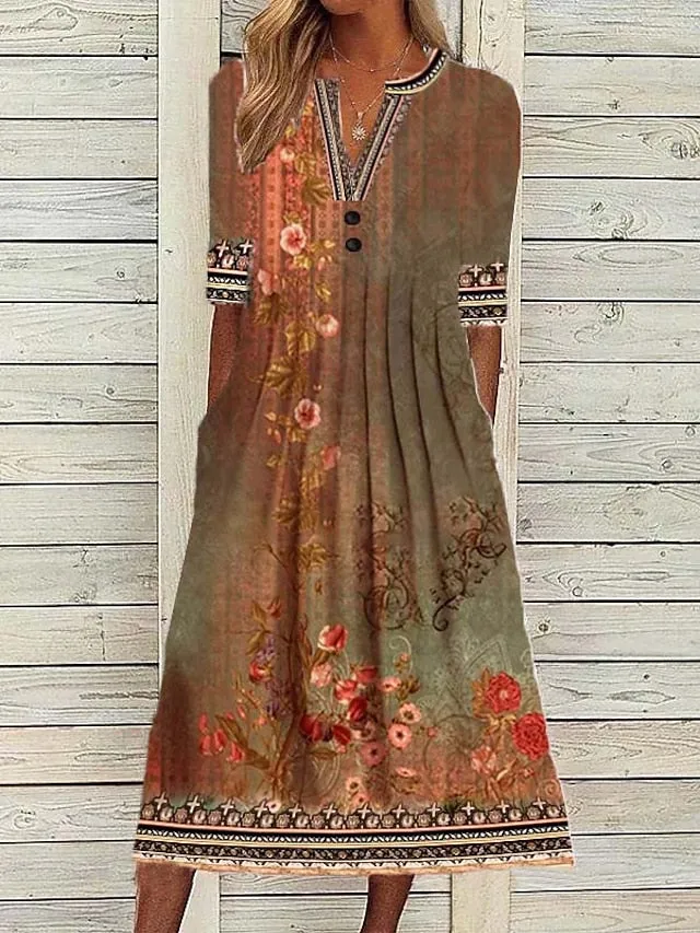 CityHottie - Women's Casual Dress Shift Dress Midi Dress Navy Blue Blue Orange Half Sleeve Floral Ruched Summer Spring V Neck Vintage Christmas Vacation 2024 S M L XL XXL 3XL