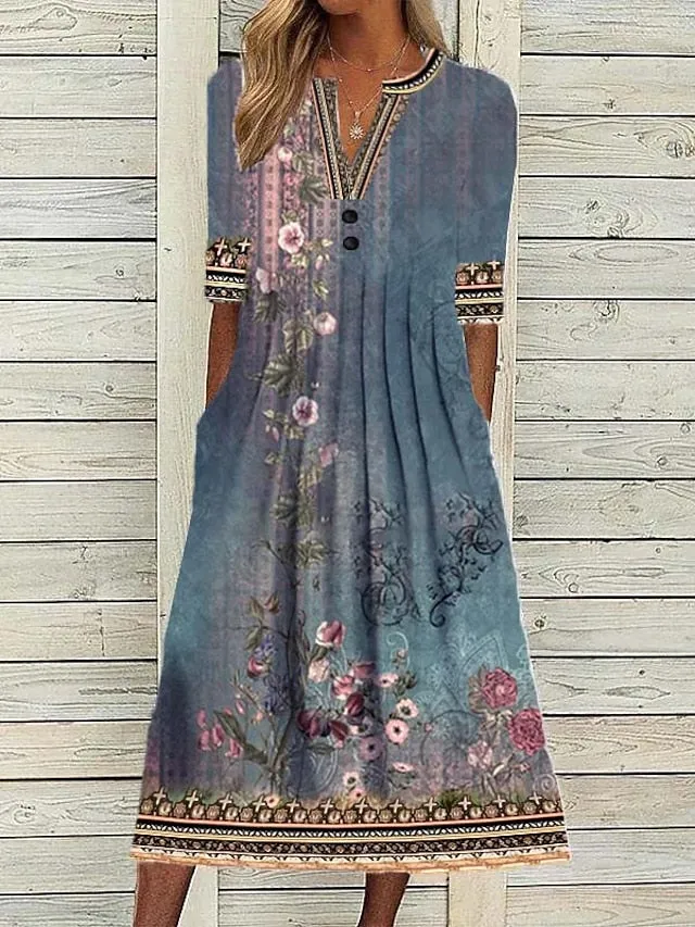 CityHottie - Women's Casual Dress Shift Dress Midi Dress Navy Blue Blue Orange Half Sleeve Floral Ruched Summer Spring V Neck Vintage Christmas Vacation 2024 S M L XL XXL 3XL