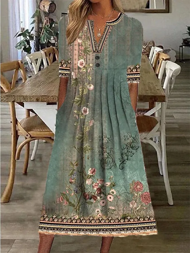 CityHottie - Women's Casual Dress Shift Dress Midi Dress Navy Blue Blue Orange Half Sleeve Floral Ruched Summer Spring V Neck Vintage Christmas Vacation 2024 S M L XL XXL 3XL