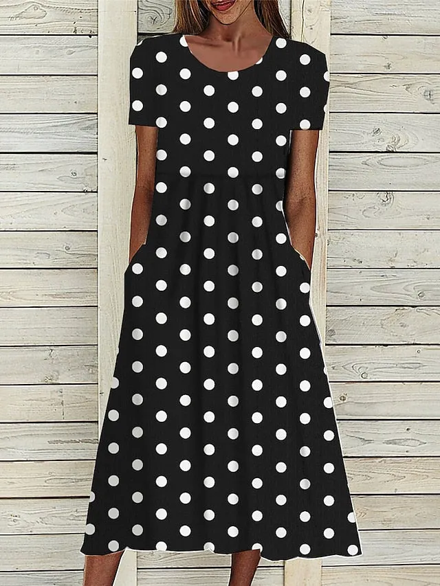 CityHottie - Women's Casual Dress Summer Dress Polka Dot Dress Floral Polka Dot Pocket Print Crew Neck Midi Dress Fashion Streetwear Outdoor Daily Short Sleeve Loose Fit Black Red Blue Summer Spring S M L XL XXL