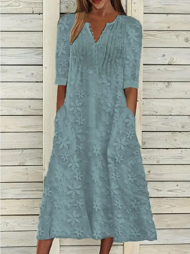 CityHottie - Women's Cotton Linen Dress Casual Dress Midi Dress Cotton Casual Mature Outdoor Daily Vacation V Neck Ruched Pocket Half Sleeve Summer Spring Fall 2024 Loose Fit White Blue Green Plain S M L XL 2XL