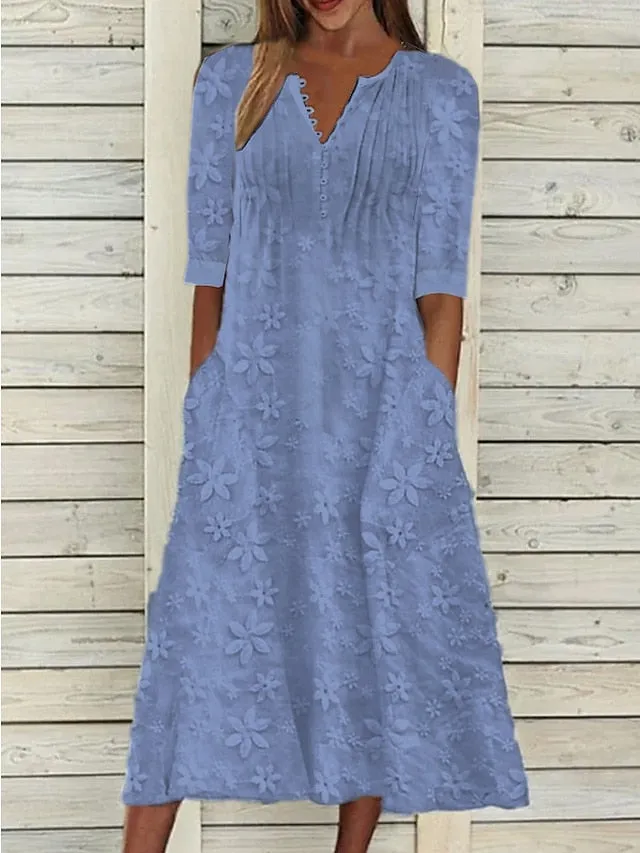 CityHottie - Women's Cotton Linen Dress Casual Dress Midi Dress Cotton Casual Mature Outdoor Daily Vacation V Neck Ruched Pocket Half Sleeve Summer Spring Fall 2024 Loose Fit White Blue Green Plain S M L XL 2XL