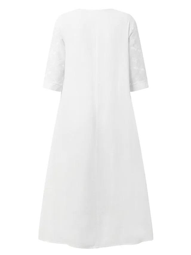 CityHottie - Women's Cotton Linen Dress Casual Dress Midi Dress Cotton Casual Mature Outdoor Daily Vacation V Neck Ruched Pocket Half Sleeve Summer Spring Fall 2024 Loose Fit White Blue Green Plain S M L XL 2XL