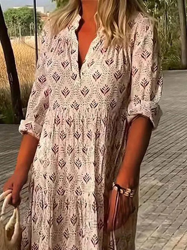 CityHottie - Women's Long Dress Maxi Dress Casual Dress Summer Dress Print Dress Geometric Fashion Streetwear Outdoor Date Vacation Print 3/4 Length Sleeve V Neck Dress Regular Fit Pink Blue Green Summer Spring S