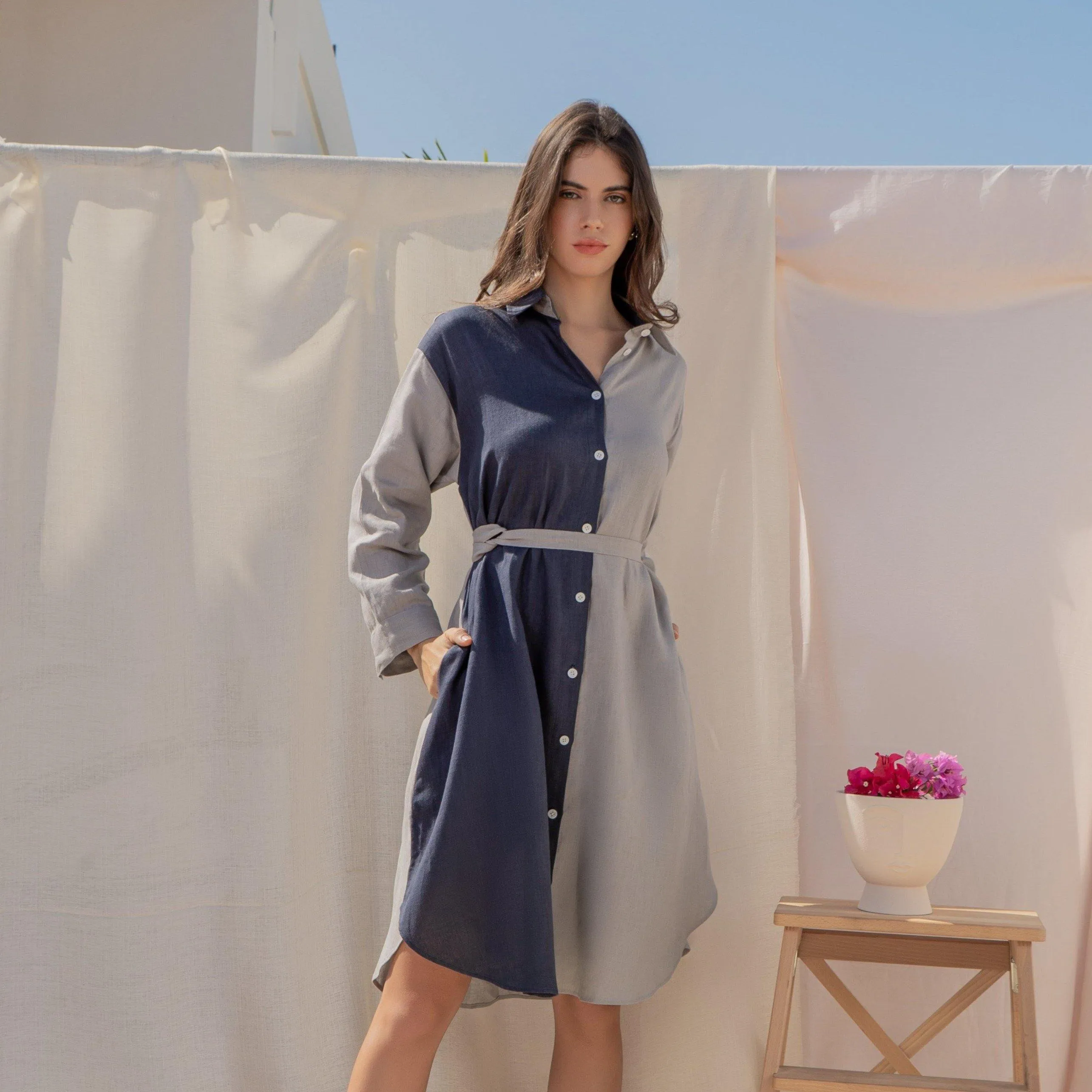 CLARA COLOR BLOCKING LINEN SHIRTDRESS