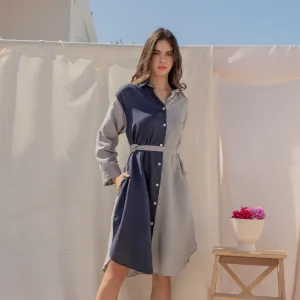 CLARA COLOR BLOCKING LINEN SHIRTDRESS