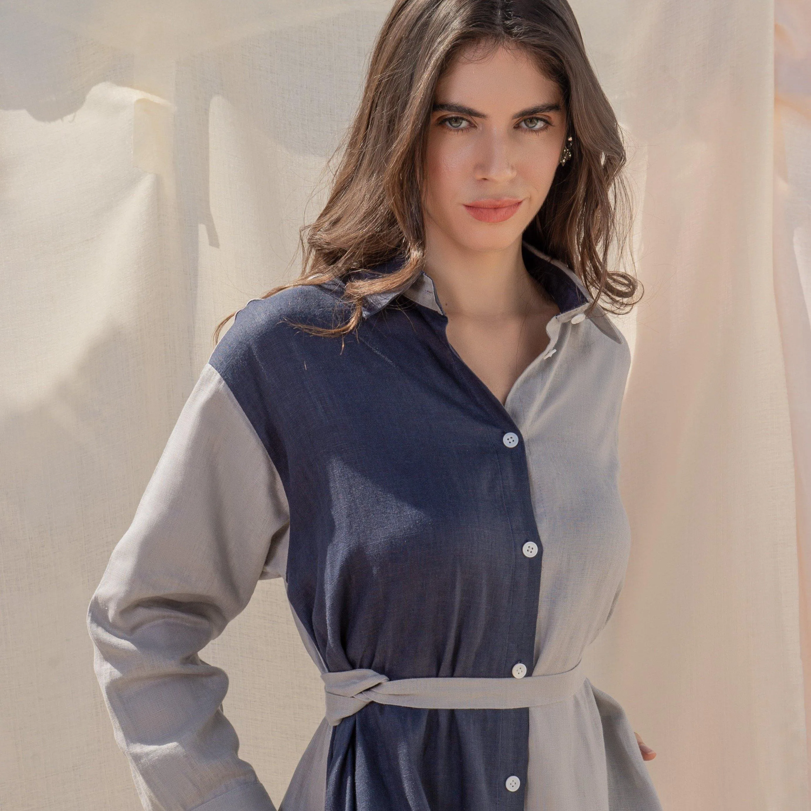 CLARA COLOR BLOCKING LINEN SHIRTDRESS