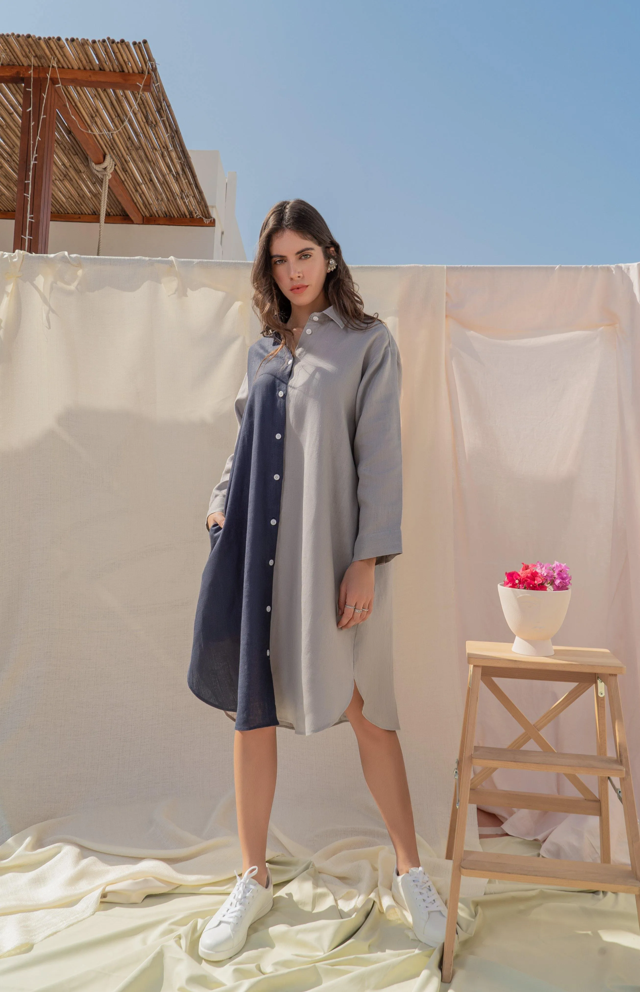 CLARA COLOR BLOCKING LINEN SHIRTDRESS