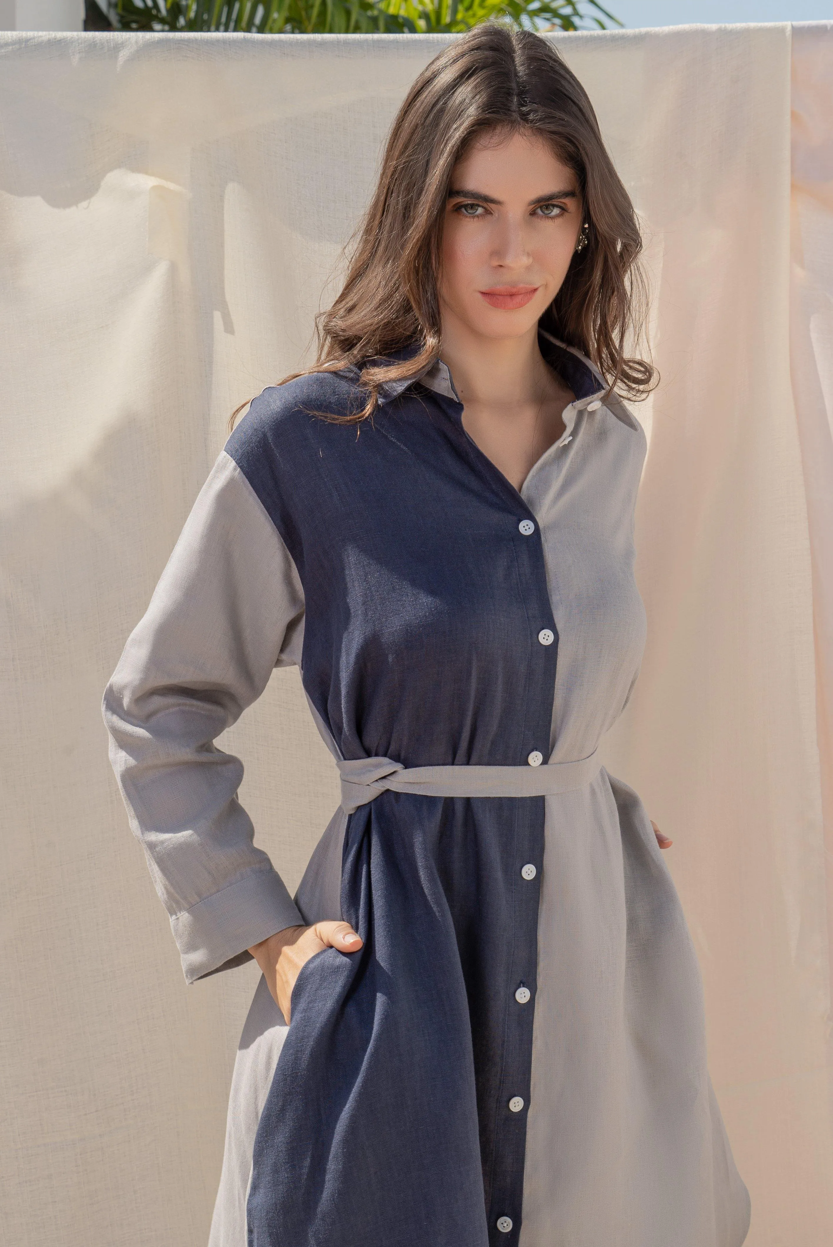 CLARA COLOR BLOCKING LINEN SHIRTDRESS
