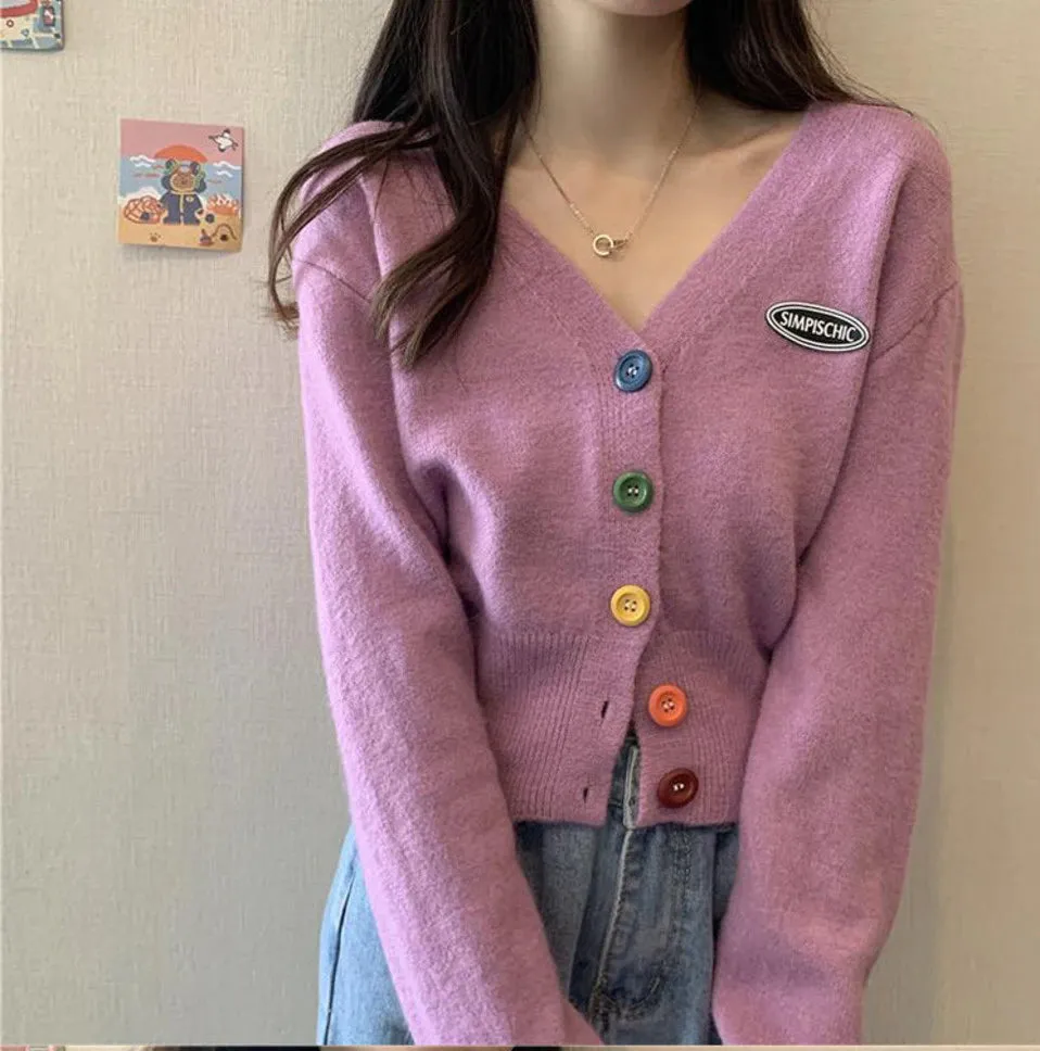 Colorful Button V-Neck Cardigan Sweater