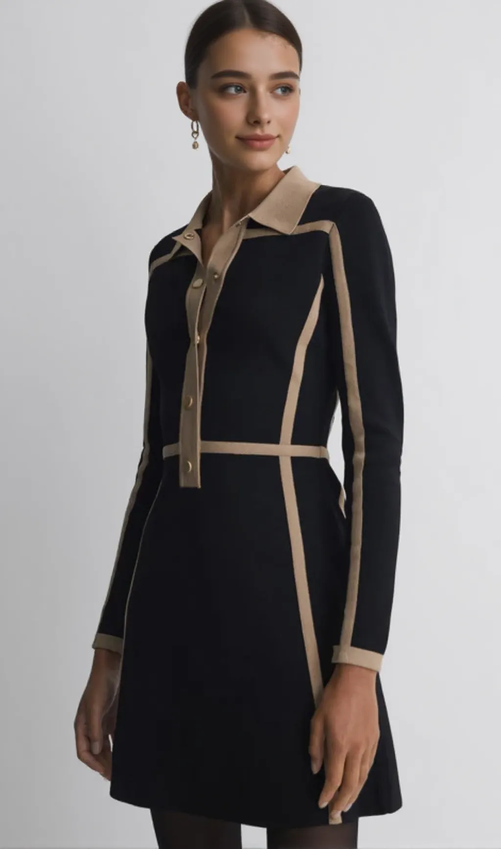 Contrast Trim Press-Stud Mini Dress in Black/Camel