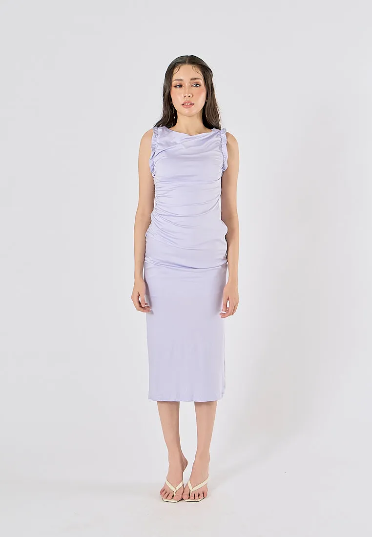 Corrine Lilac Crew Neck Pleated Sleeveless Back slit Midi Dress