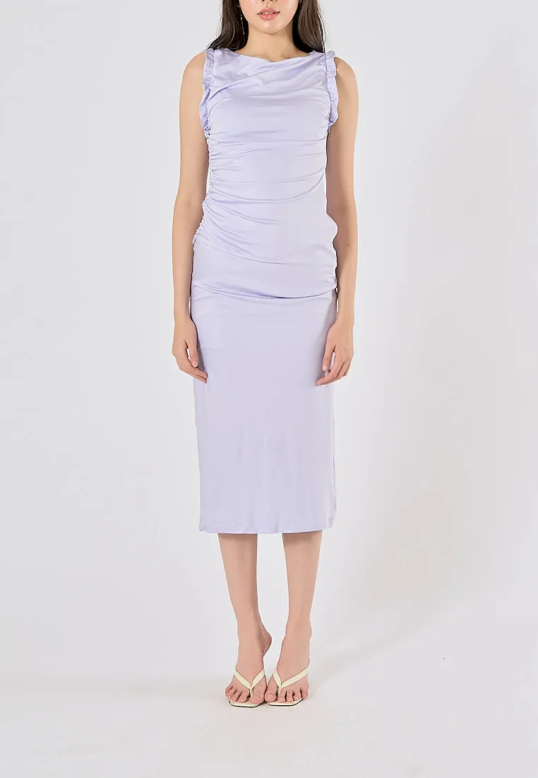 Corrine Lilac Crew Neck Pleated Sleeveless Back slit Midi Dress