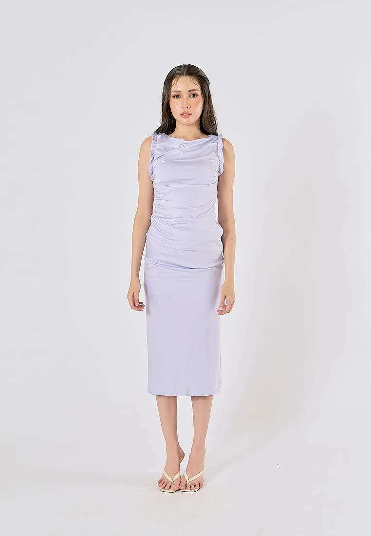 Corrine Lilac Crew Neck Pleated Sleeveless Back slit Midi Dress