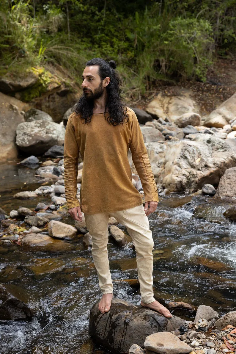 Country Orange Men's Pullover Long Sleeve Top Pullover Handmade Doom Dunes Rough Stonewashed Primitive Festive Steampunk