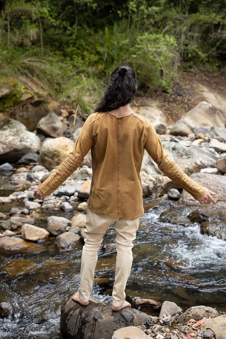 Country Orange Men's Pullover Long Sleeve Top Pullover Handmade Doom Dunes Rough Stonewashed Primitive Festive Steampunk