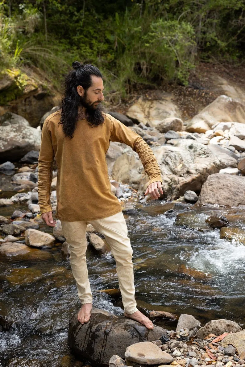 Country Orange Men's Pullover Long Sleeve Top Pullover Handmade Doom Dunes Rough Stonewashed Primitive Festive Steampunk