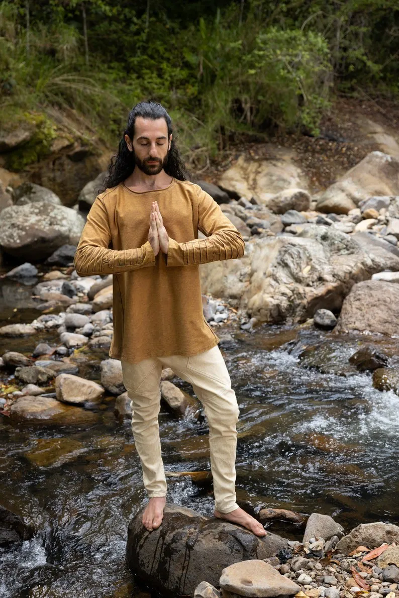 Country Orange Men's Pullover Long Sleeve Top Pullover Handmade Doom Dunes Rough Stonewashed Primitive Festive Steampunk