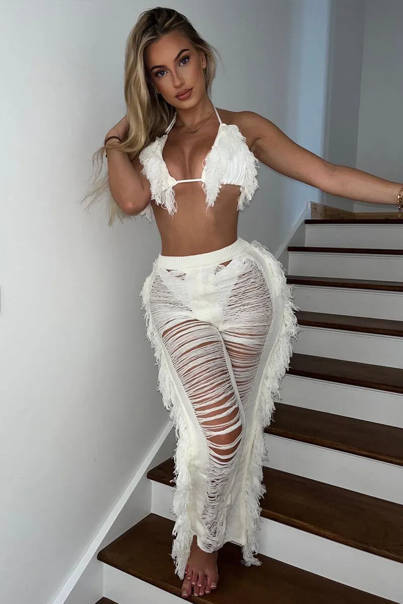 Cream Frayed Knit Bralette & Trouser Set - Scarlett