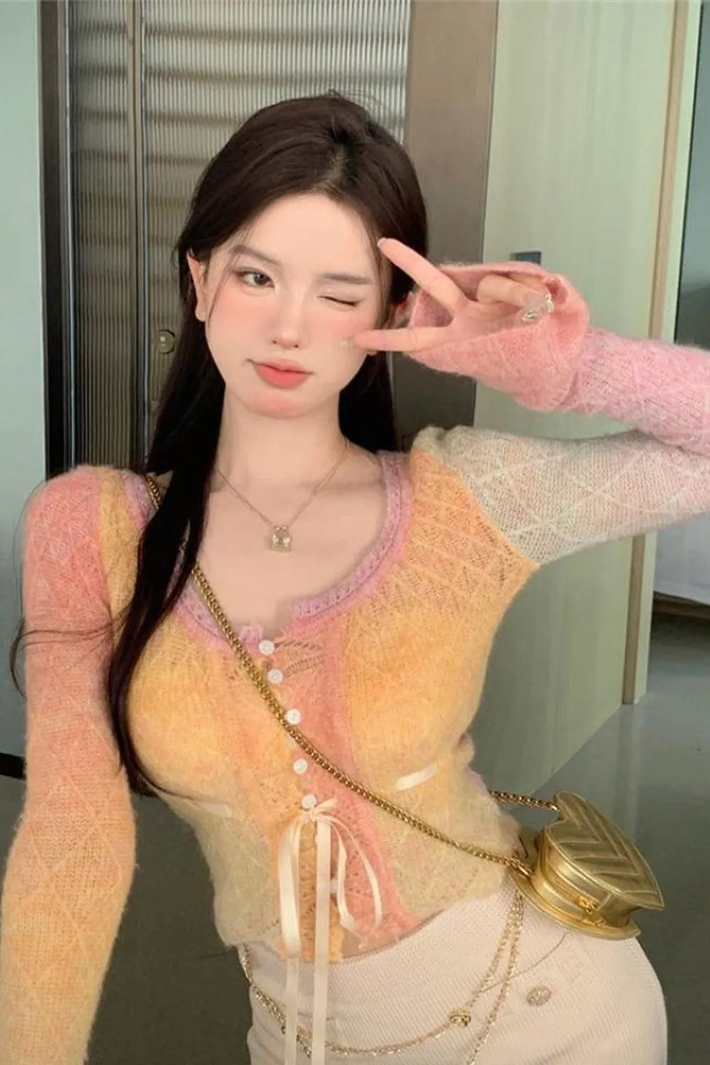 Cute Flare Sleeve Gradient Colors Cardigan Sweater