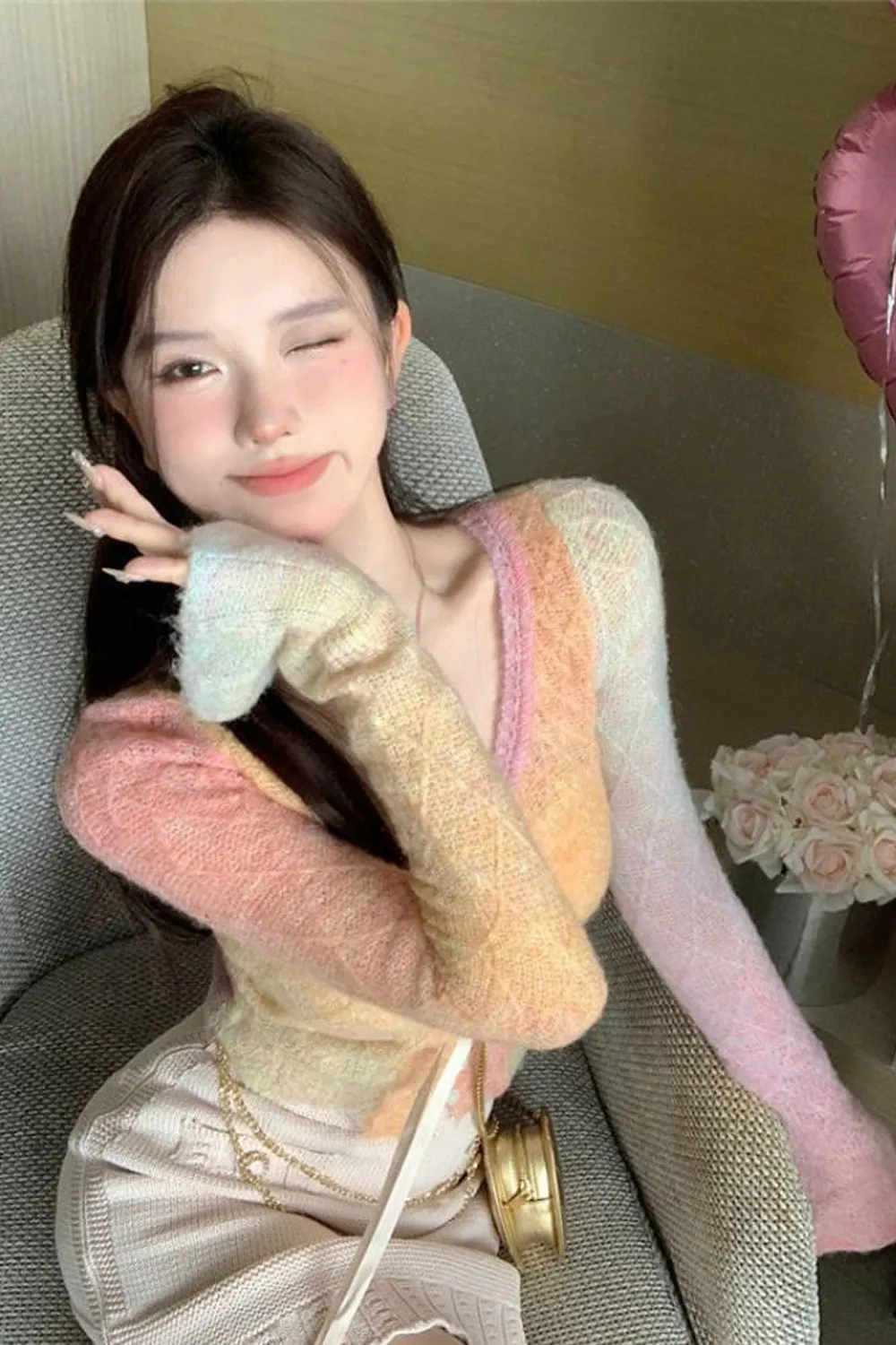 Cute Flare Sleeve Gradient Colors Cardigan Sweater