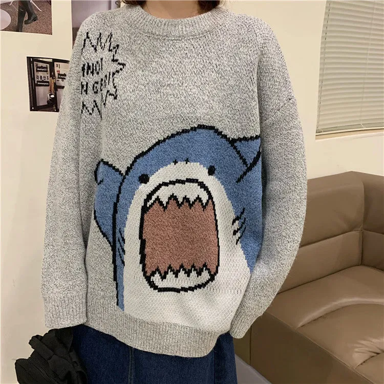 Cute Shark Cartoon Retro Loose Sweater