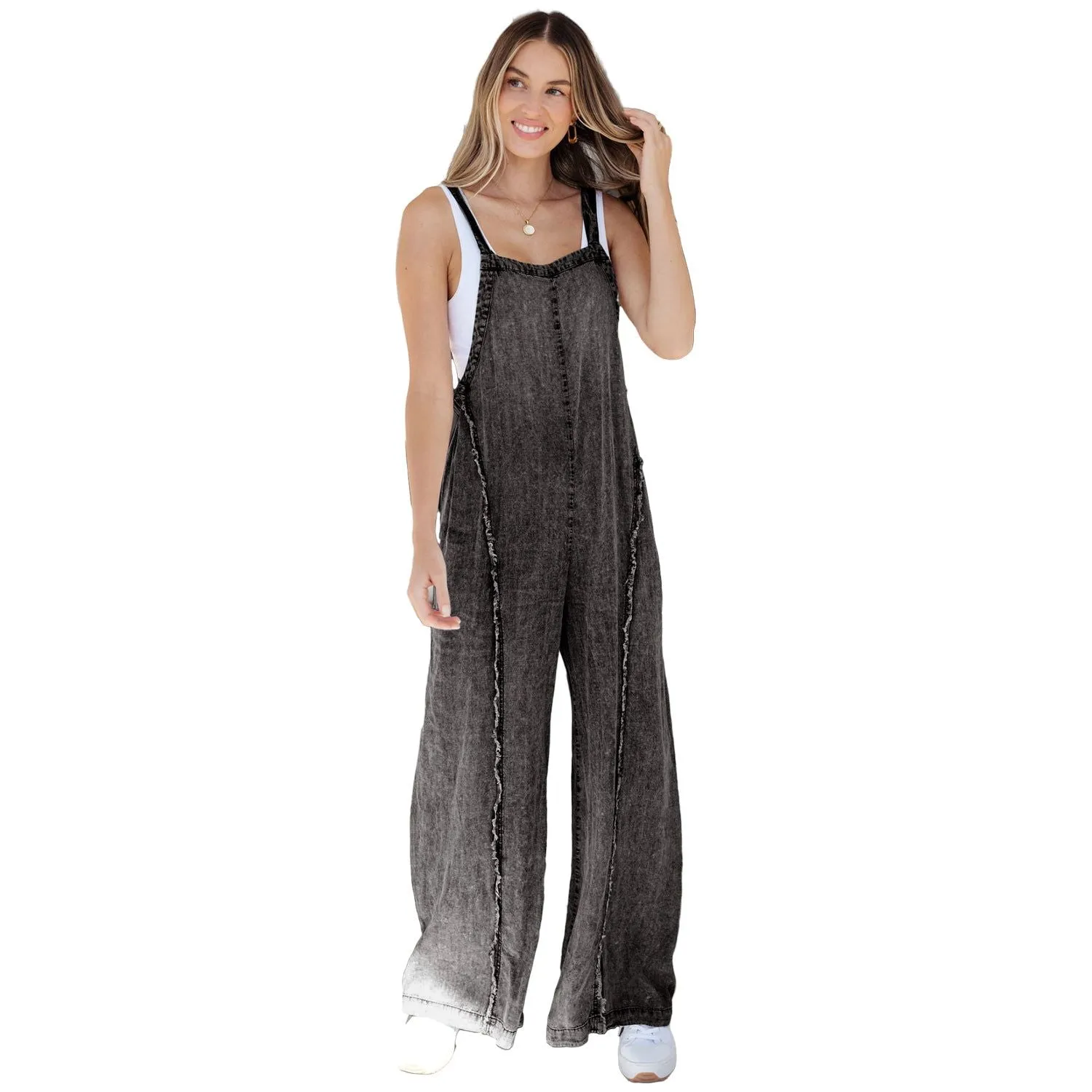 Dark Grey Light Wash Frayed Exposed Seam Wide Leg Denim Overall